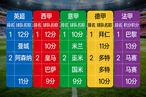 欧洲五大联赛积分榜数据可视化图表，显示各队排名和积分